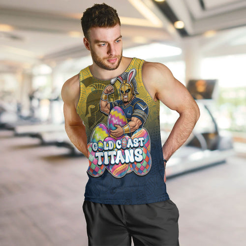 Personalized Gold Coast Titans Men Tank Top Easter Mascot - Colorful Eggs Cartoon Style