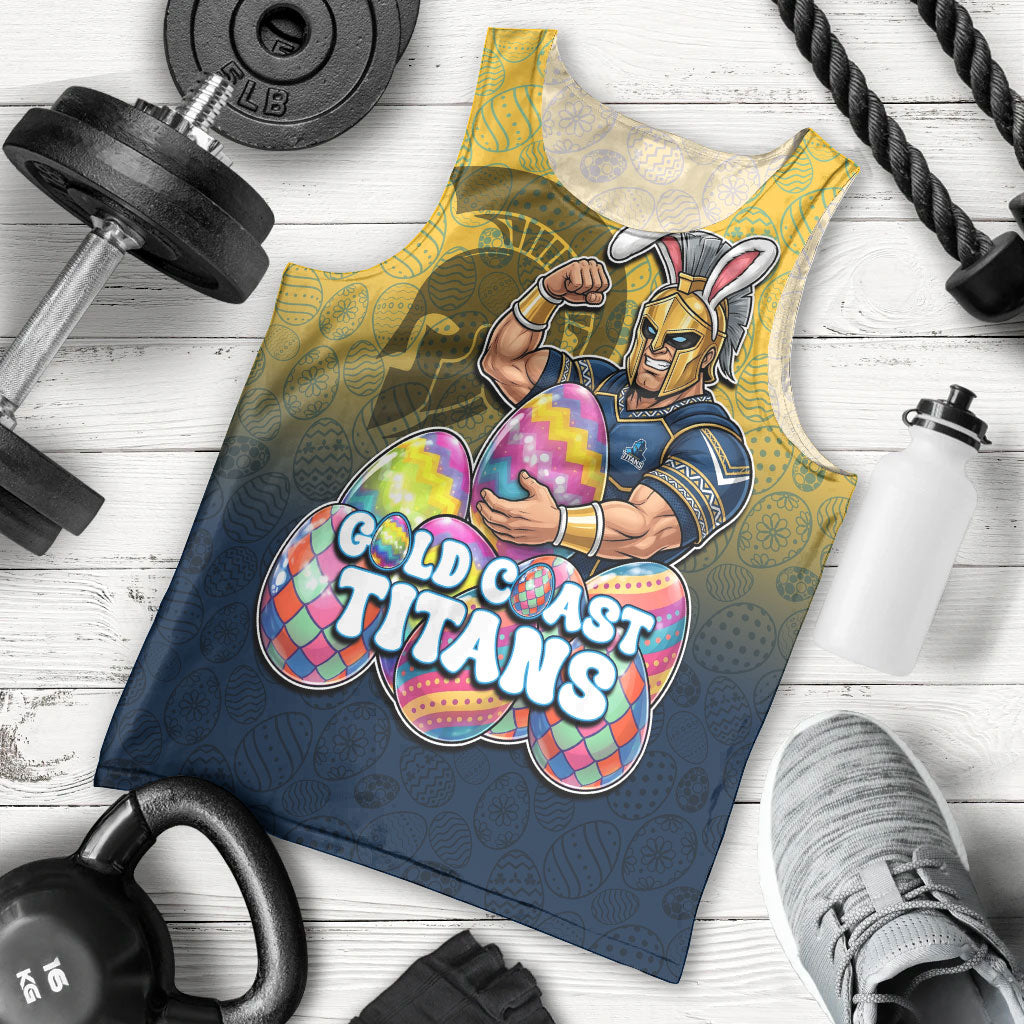 Personalized Gold Coast Titans Men Tank Top Easter Mascot - Colorful Eggs Cartoon Style
