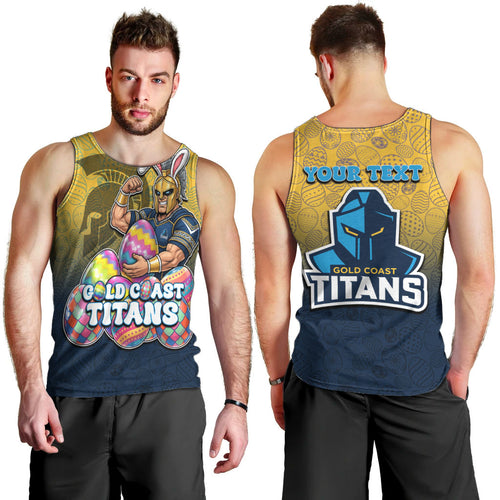 Personalized Gold Coast Titans Men Tank Top Easter Mascot - Colorful Eggs Cartoon Style