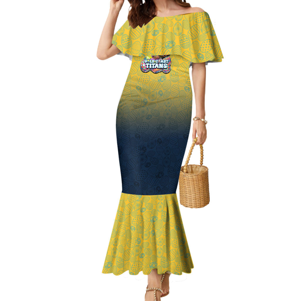 Personalized Gold Coast Titans Mermaid Dress Easter Mascot - Colorful Eggs Cartoon Style