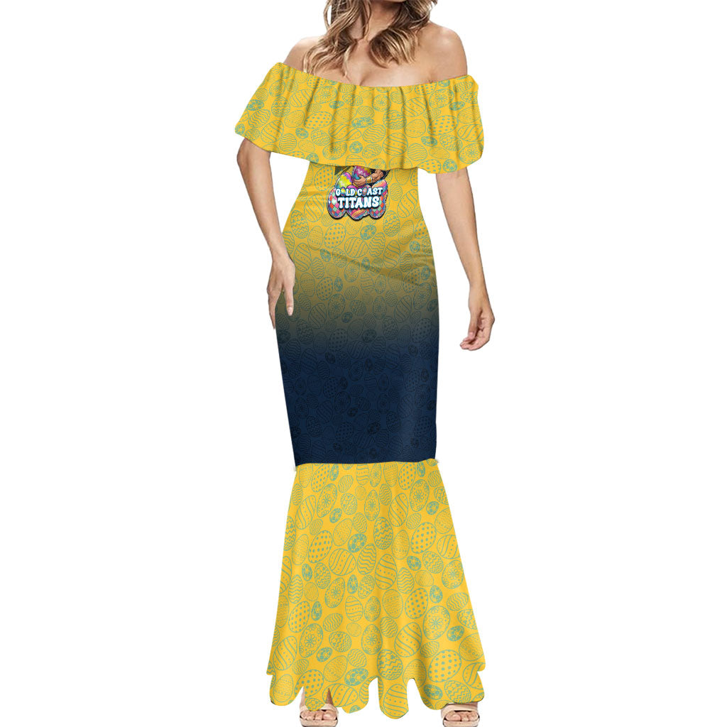 Personalized Gold Coast Titans Mermaid Dress Easter Mascot - Colorful Eggs Cartoon Style