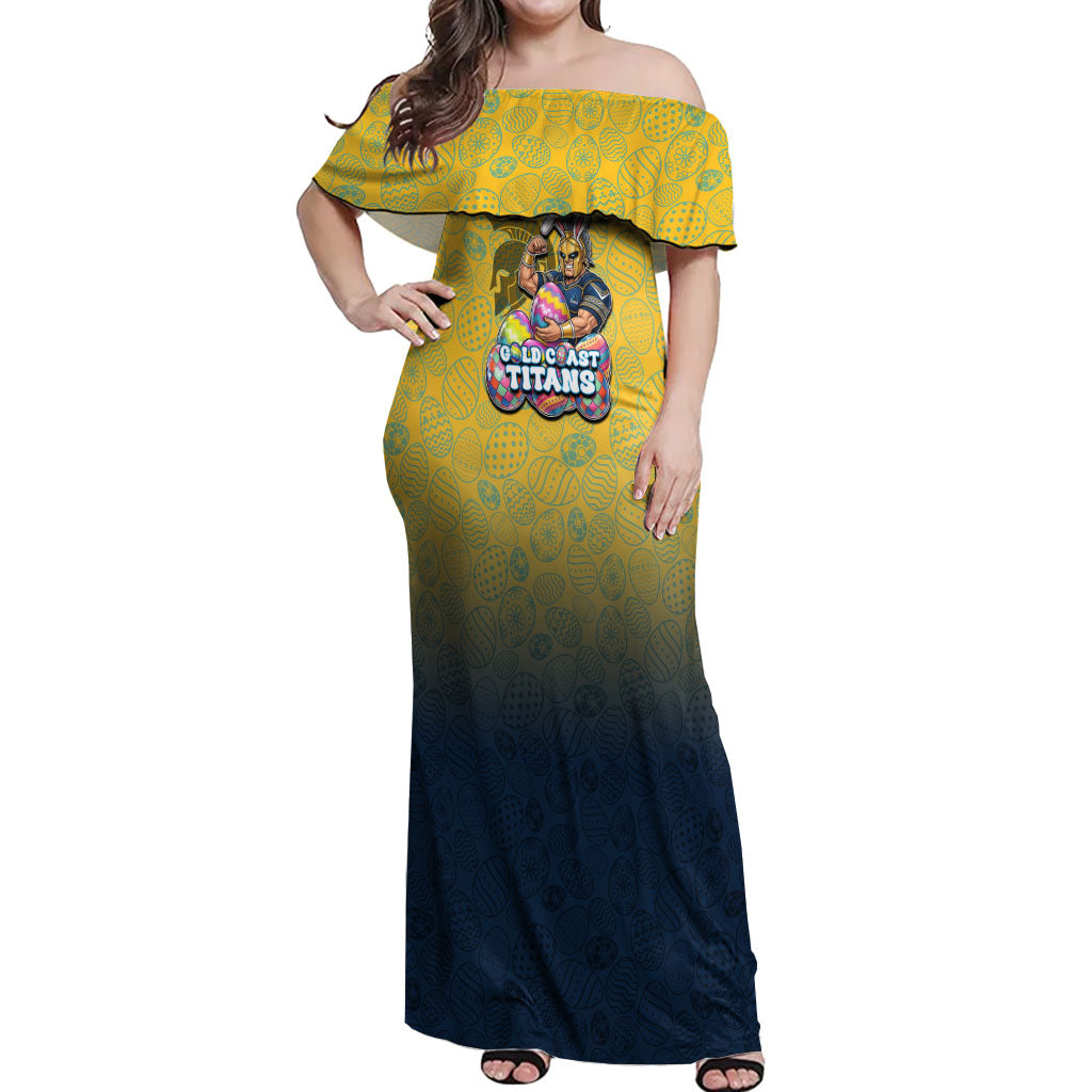 Personalized Gold Coast Titans Off Shoulder Maxi Dress Easter Mascot - Colorful Eggs Cartoon Style