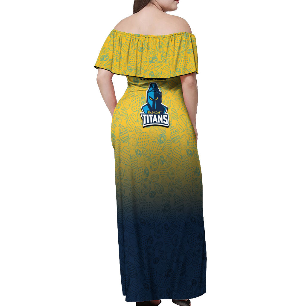 Personalized Gold Coast Titans Off Shoulder Maxi Dress Easter Mascot - Colorful Eggs Cartoon Style
