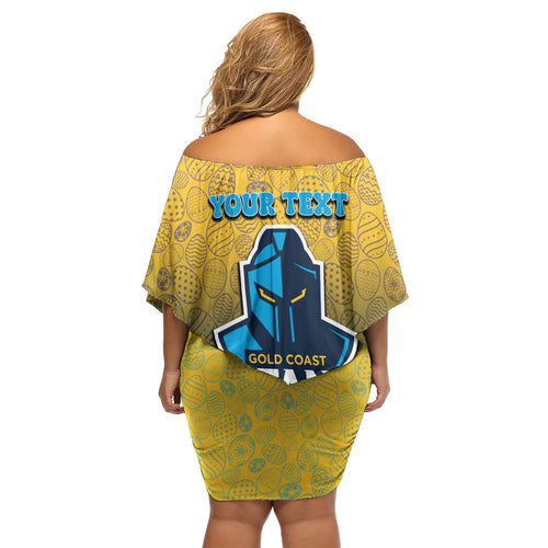 Personalized Gold Coast Titans Off Shoulder Short Dress Easter Mascot - Colorful Eggs Cartoon Style