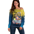 Personalized Gold Coast Titans Off Shoulder Sweater Easter Mascot - Colorful Eggs Cartoon Style