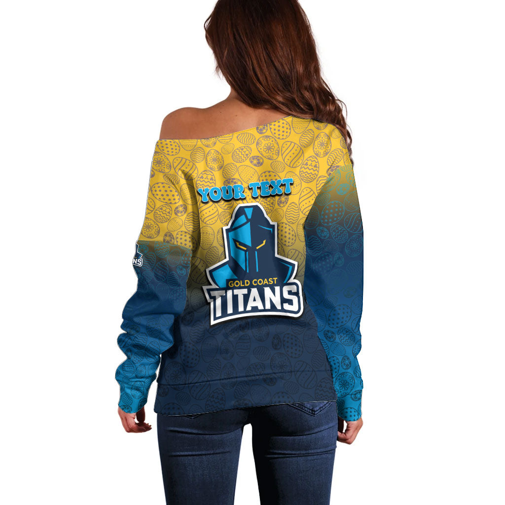 Personalized Gold Coast Titans Off Shoulder Sweater Easter Mascot - Colorful Eggs Cartoon Style
