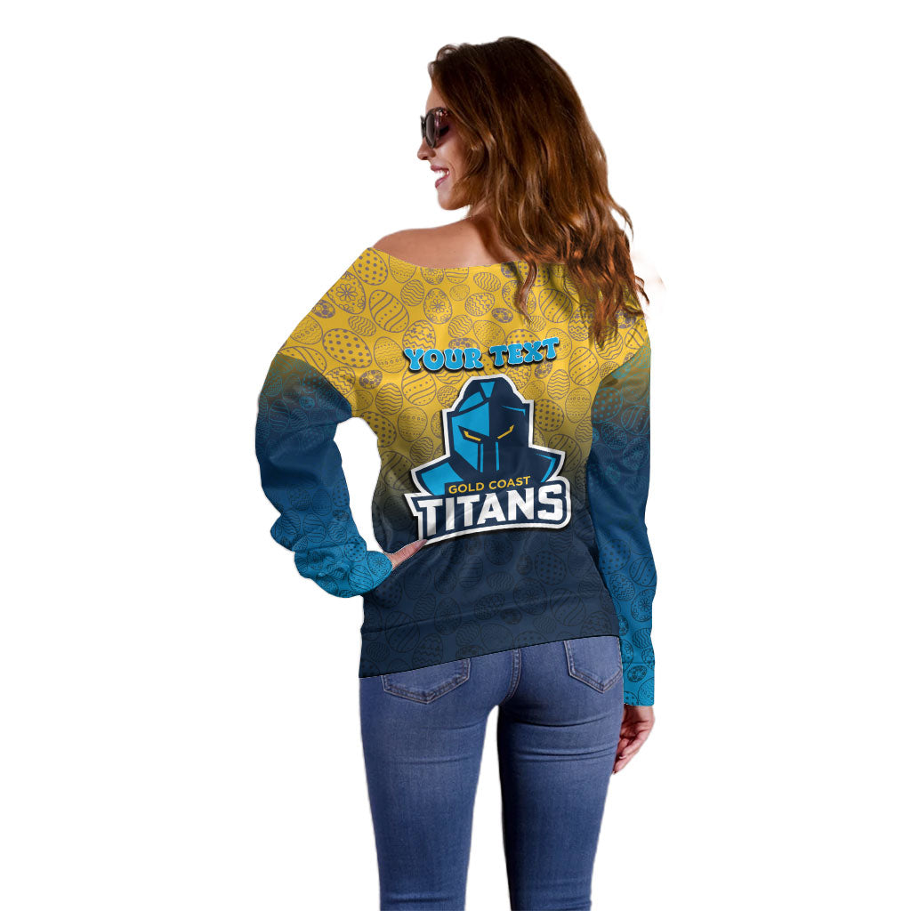 Personalized Gold Coast Titans Off Shoulder Sweater Easter Mascot - Colorful Eggs Cartoon Style