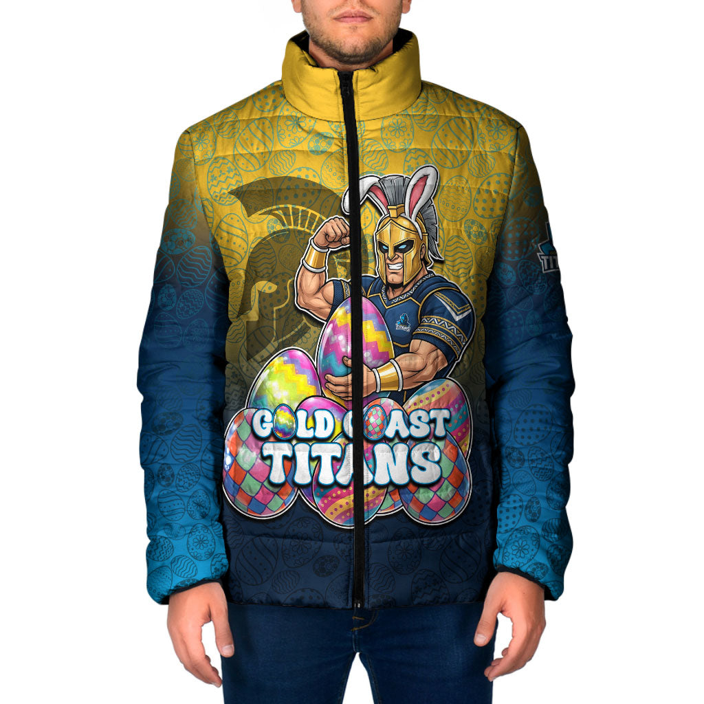 Personalized Gold Coast Titans Padded Jacket Easter Mascot - Colorful Eggs Cartoon Style