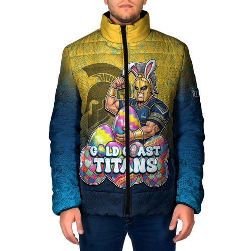 Personalized Gold Coast Titans Padded Jacket Easter Mascot - Colorful Eggs Cartoon Style