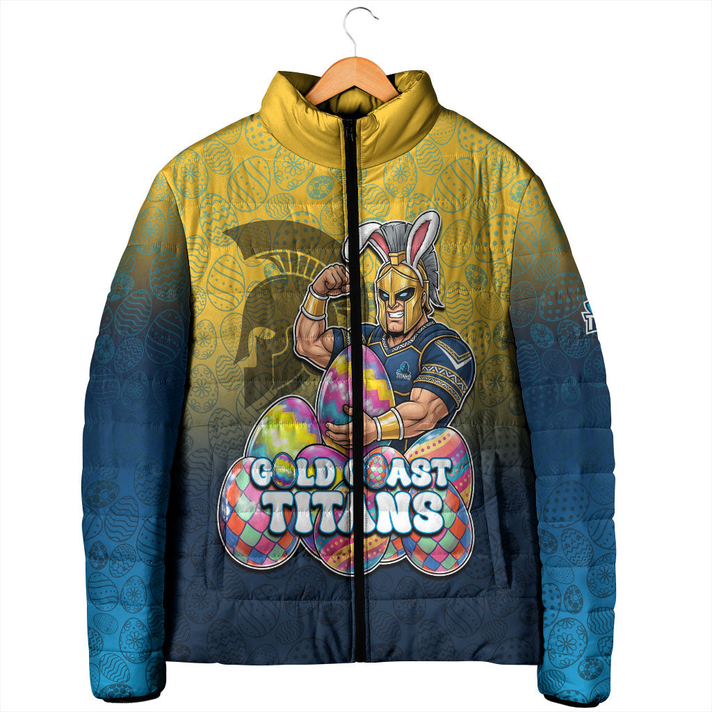 Personalized Gold Coast Titans Padded Jacket Easter Mascot - Colorful Eggs Cartoon Style