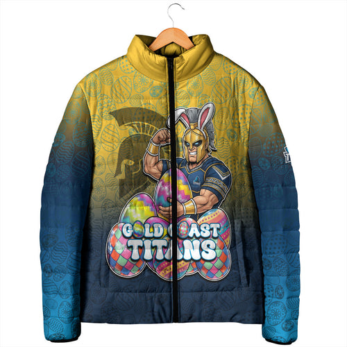 Personalized Gold Coast Titans Padded Jacket Easter Mascot - Colorful Eggs Cartoon Style