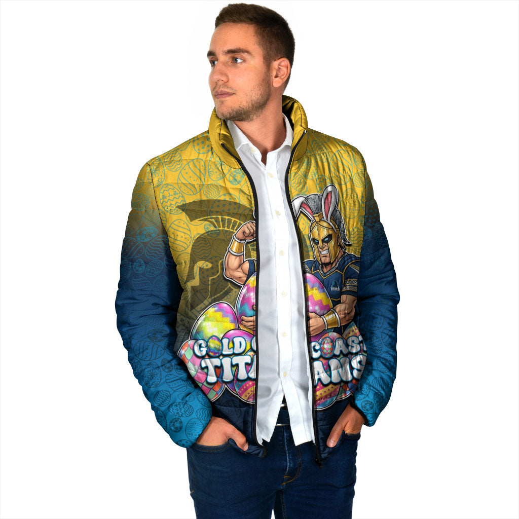 Personalized Gold Coast Titans Padded Jacket Easter Mascot - Colorful Eggs Cartoon Style