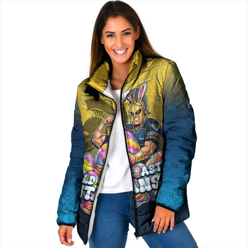 Personalized Gold Coast Titans Padded Jacket Easter Mascot - Colorful Eggs Cartoon Style