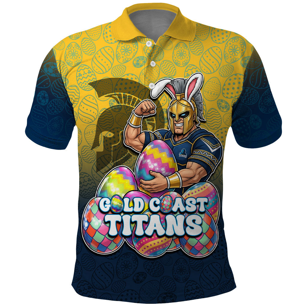 Personalized Gold Coast Titans Polo Shirt Easter Mascot - Colorful Eggs Cartoon Style