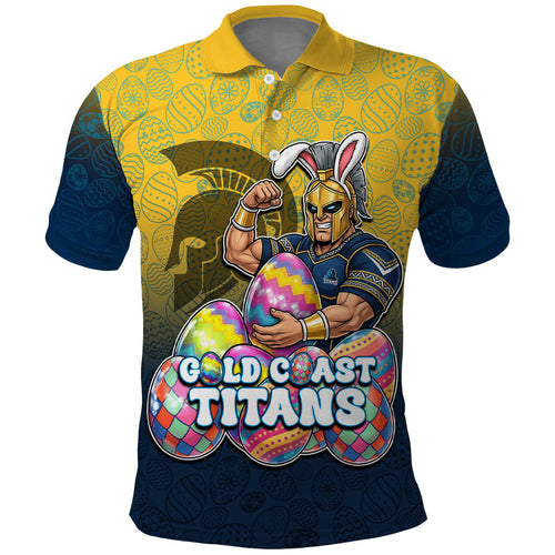 Personalized Gold Coast Titans Polo Shirt Easter Mascot - Colorful Eggs Cartoon Style