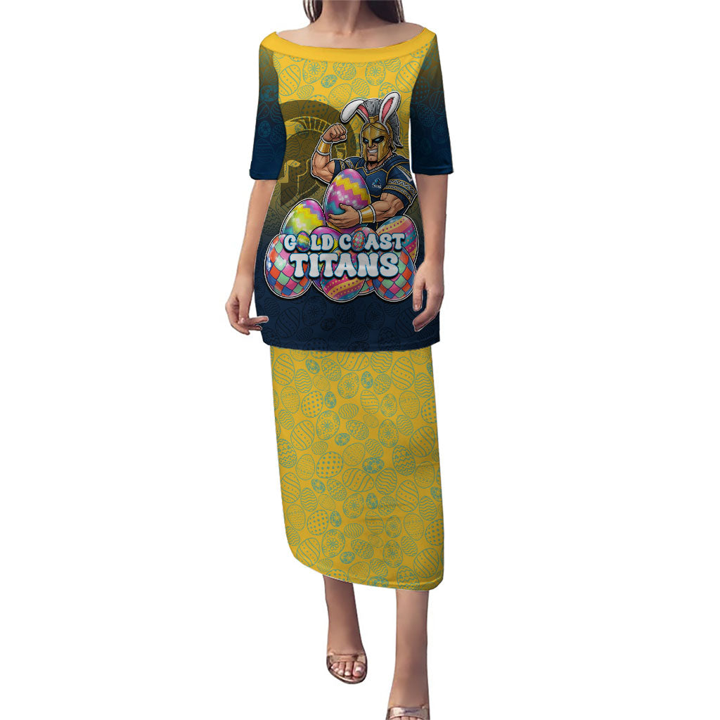 Personalized Gold Coast Titans Puletasi Easter Mascot - Colorful Eggs Cartoon Style