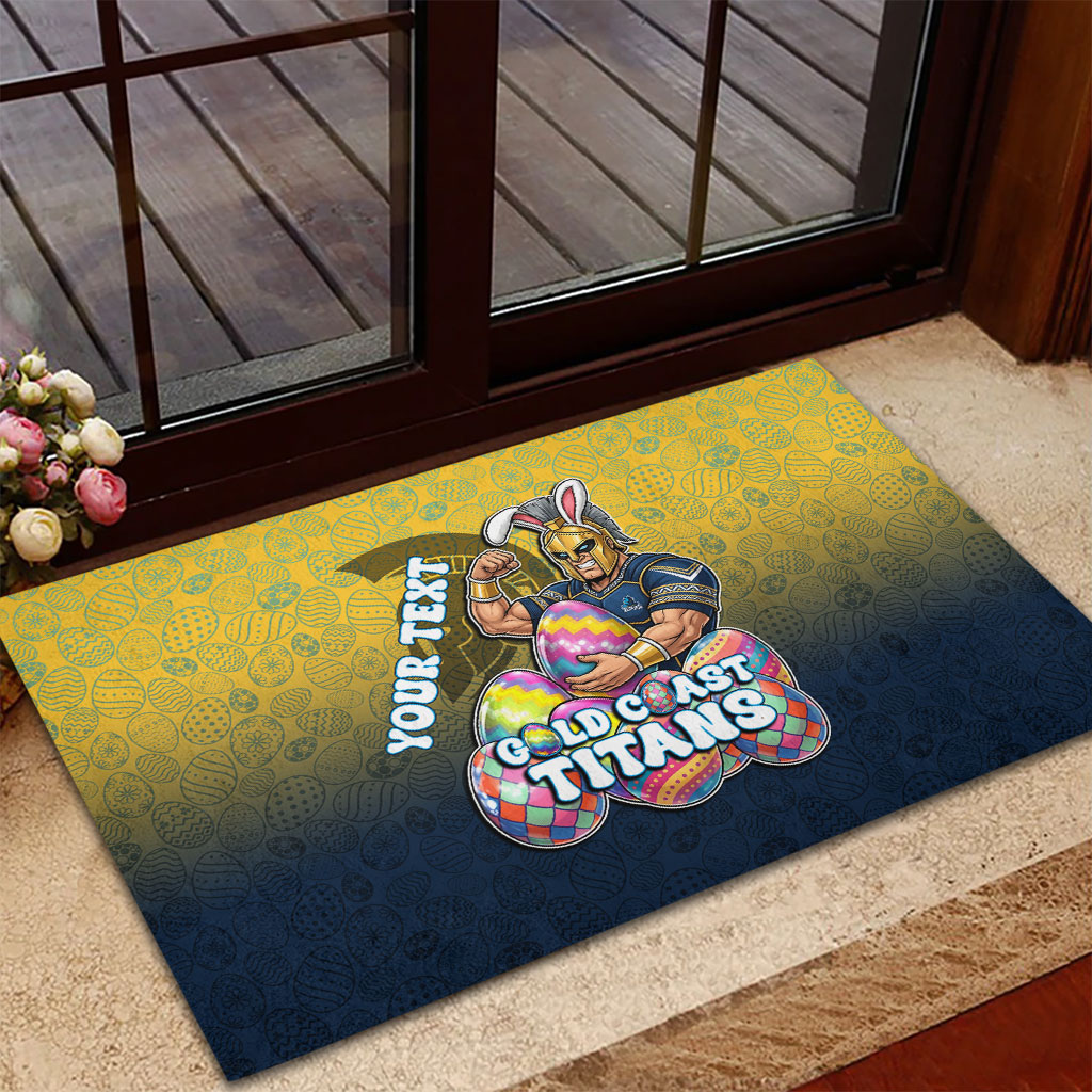 Personalized Gold Coast Titans Rubber Doormat Easter Mascot - Colorful Eggs Cartoon Style
