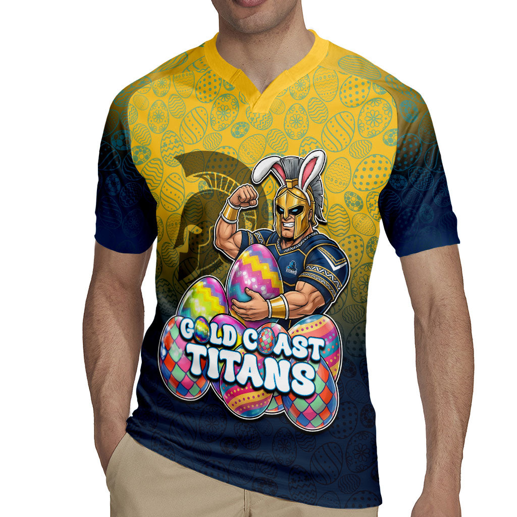 Personalized Gold Coast Titans Rugby Jersey Easter Mascot - Colorful Eggs Cartoon Style
