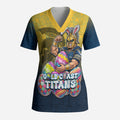 Personalized Gold Coast Titans Scrub Top Easter Mascot - Colorful Eggs Cartoon Style