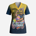 Personalized Gold Coast Titans Scrub Top Easter Mascot - Colorful Eggs Cartoon Style