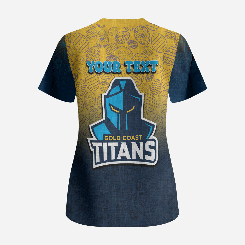 Personalized Gold Coast Titans Scrub Top Easter Mascot - Colorful Eggs Cartoon Style