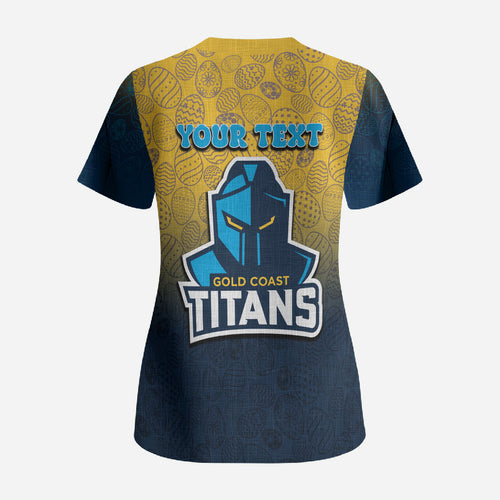 Personalized Gold Coast Titans Scrub Top Easter Mascot - Colorful Eggs Cartoon Style
