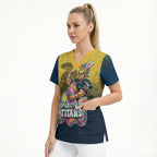 Personalized Gold Coast Titans Scrub Top Easter Mascot - Colorful Eggs Cartoon Style