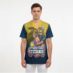 Personalized Gold Coast Titans Scrub Top Easter Mascot - Colorful Eggs Cartoon Style