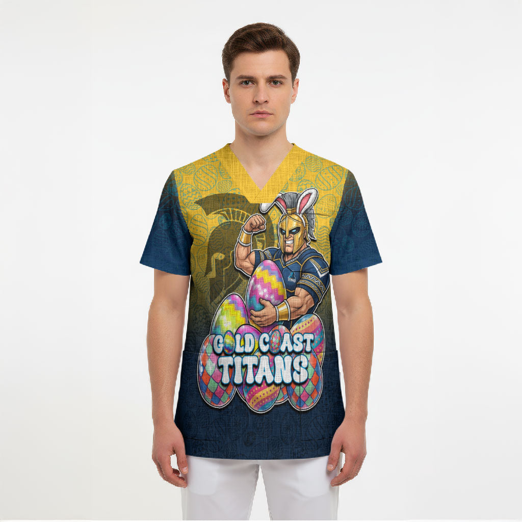 Personalized Gold Coast Titans Scrub Top Easter Mascot - Colorful Eggs Cartoon Style