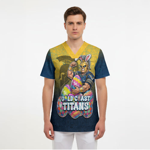 Personalized Gold Coast Titans Scrub Top Easter Mascot - Colorful Eggs Cartoon Style