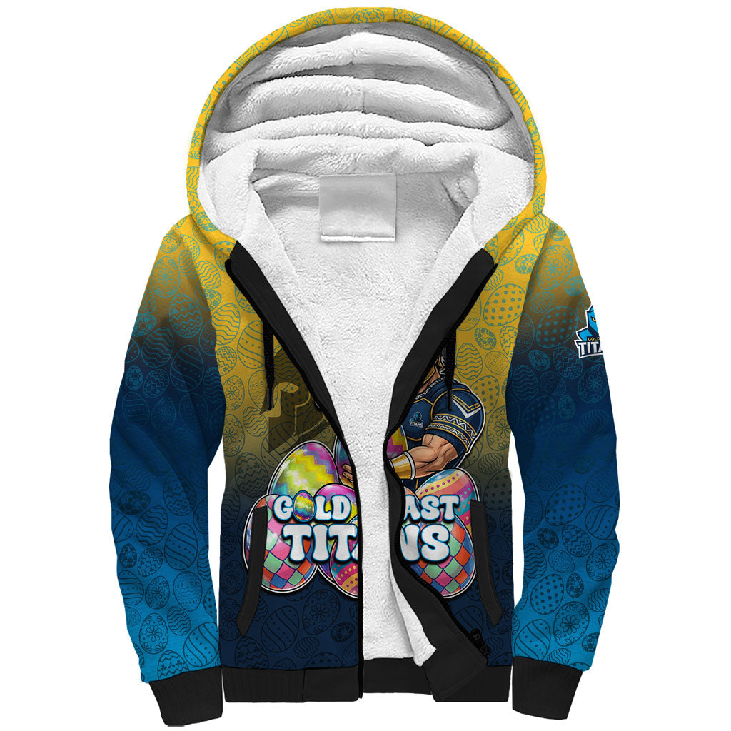 Personalized Gold Coast Titans Sherpa Hoodie Easter Mascot - Colorful Eggs Cartoon Style