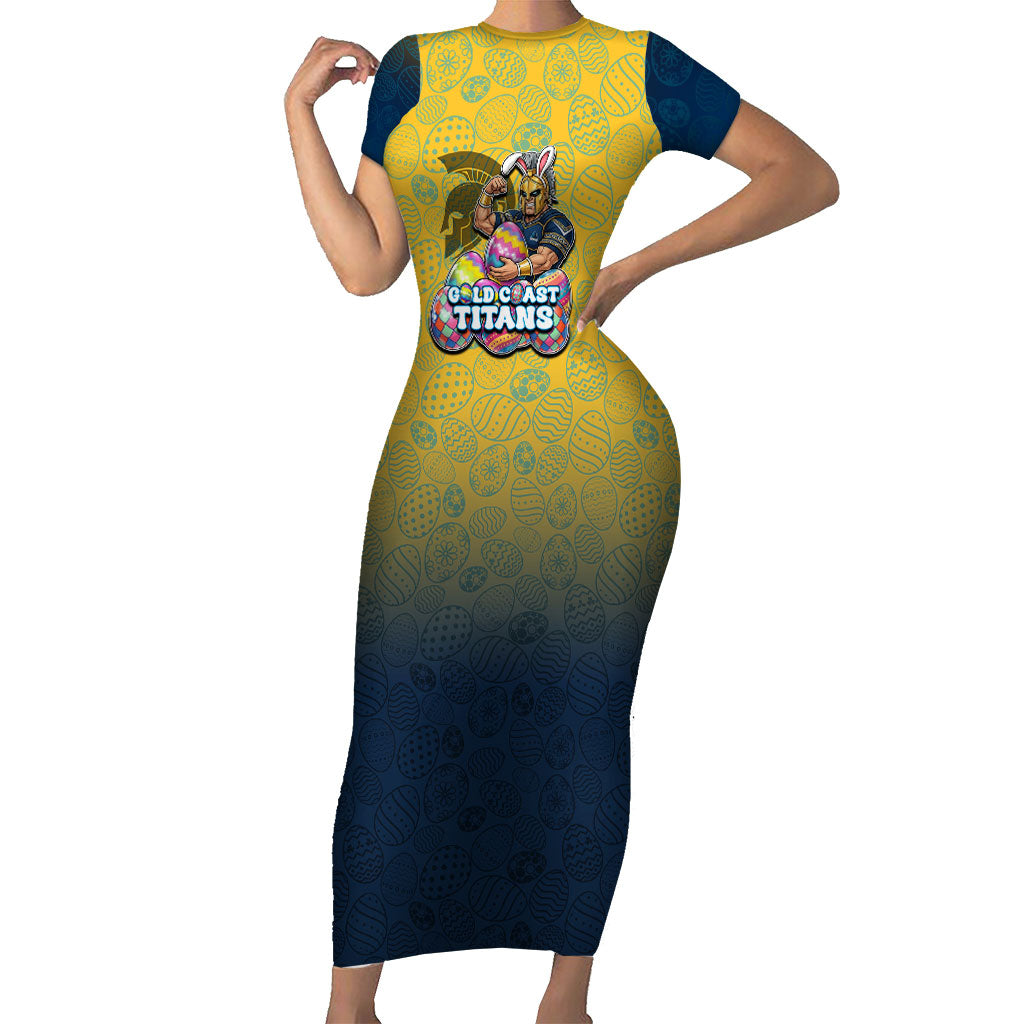 Personalized Gold Coast Titans Short Sleeve Bodycon Dress Easter Mascot - Colorful Eggs Cartoon Style
