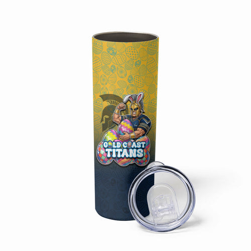 Personalized Gold Coast Titans Skinny Tumbler Easter Mascot - Colorful Eggs Cartoon Style
