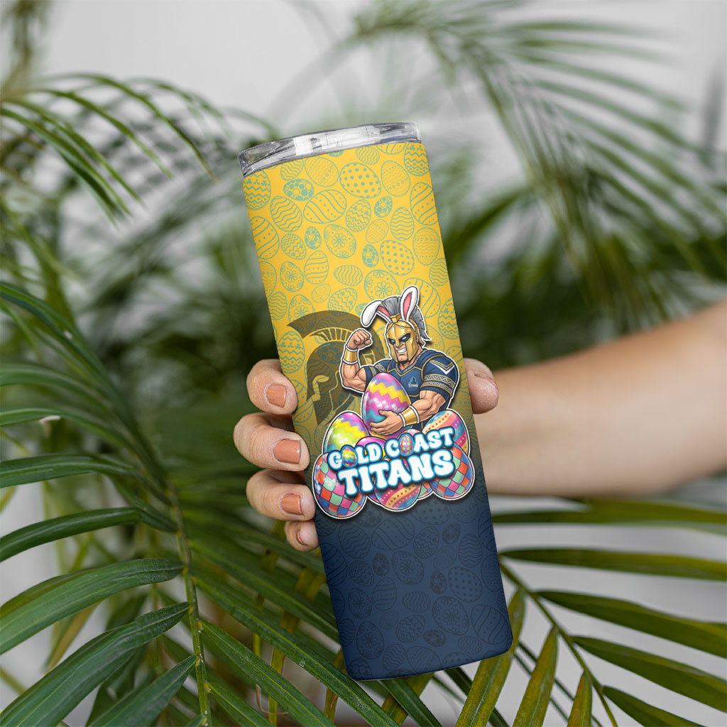 Personalized Gold Coast Titans Skinny Tumbler Easter Mascot - Colorful Eggs Cartoon Style