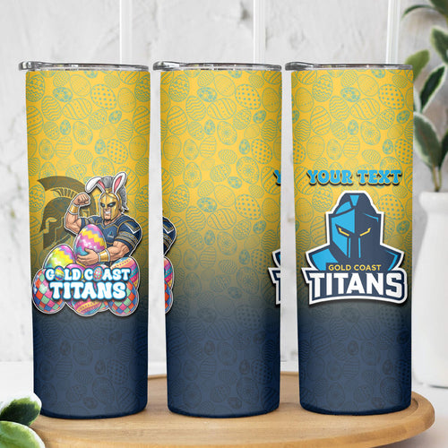 Personalized Gold Coast Titans Skinny Tumbler Easter Mascot - Colorful Eggs Cartoon Style