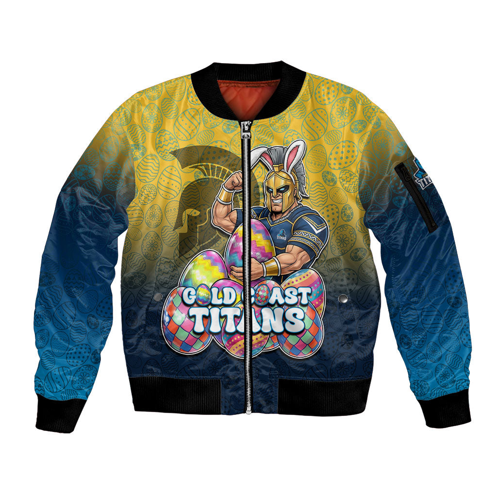 Personalized Gold Coast Titans Sleeve Zip Bomber Jacket Easter Mascot - Colorful Eggs Cartoon Style