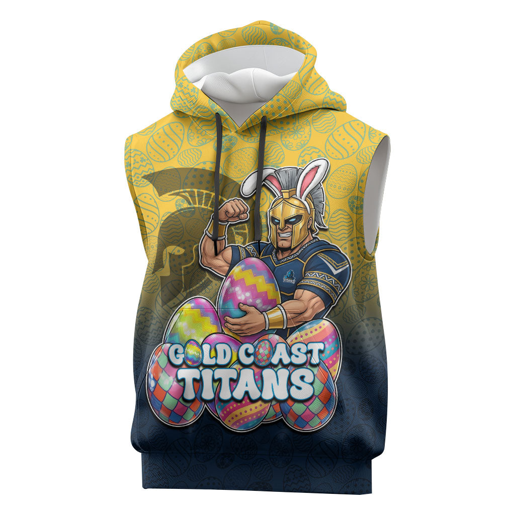Personalized Gold Coast Titans Sleeveless Hoodie Easter Mascot - Colorful Eggs Cartoon Style