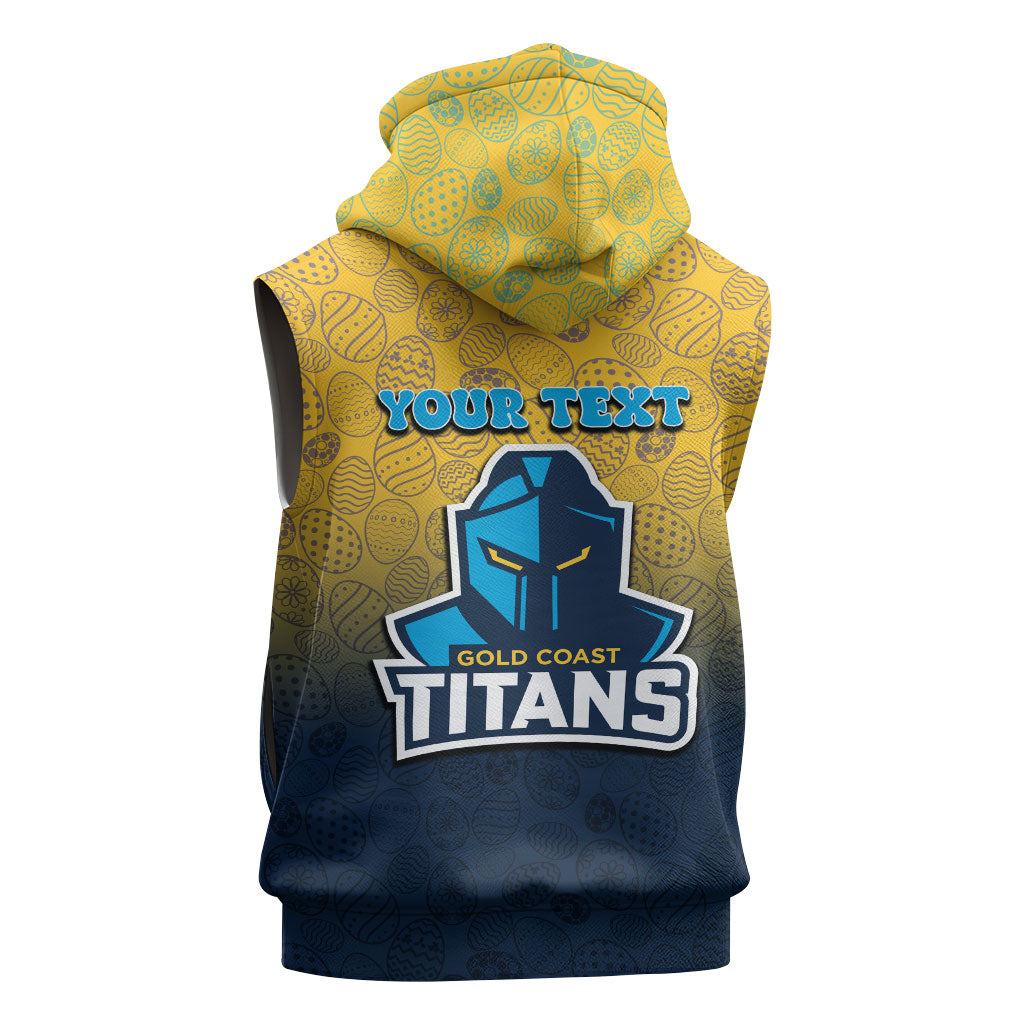 Personalized Gold Coast Titans Sleeveless Hoodie Easter Mascot - Colorful Eggs Cartoon Style