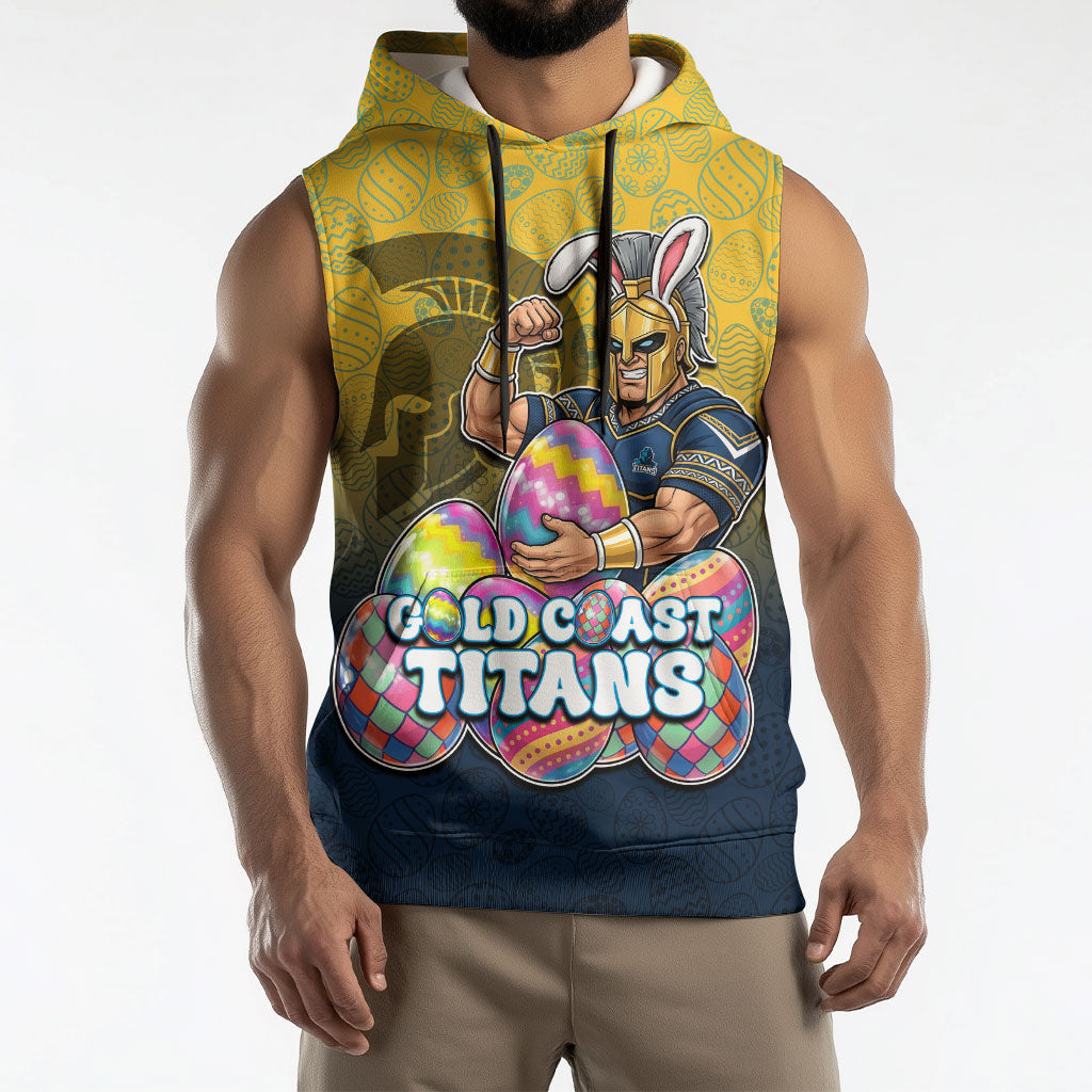 Personalized Gold Coast Titans Sleeveless Hoodie Easter Mascot - Colorful Eggs Cartoon Style