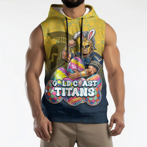 Personalized Gold Coast Titans Sleeveless Hoodie Easter Mascot - Colorful Eggs Cartoon Style