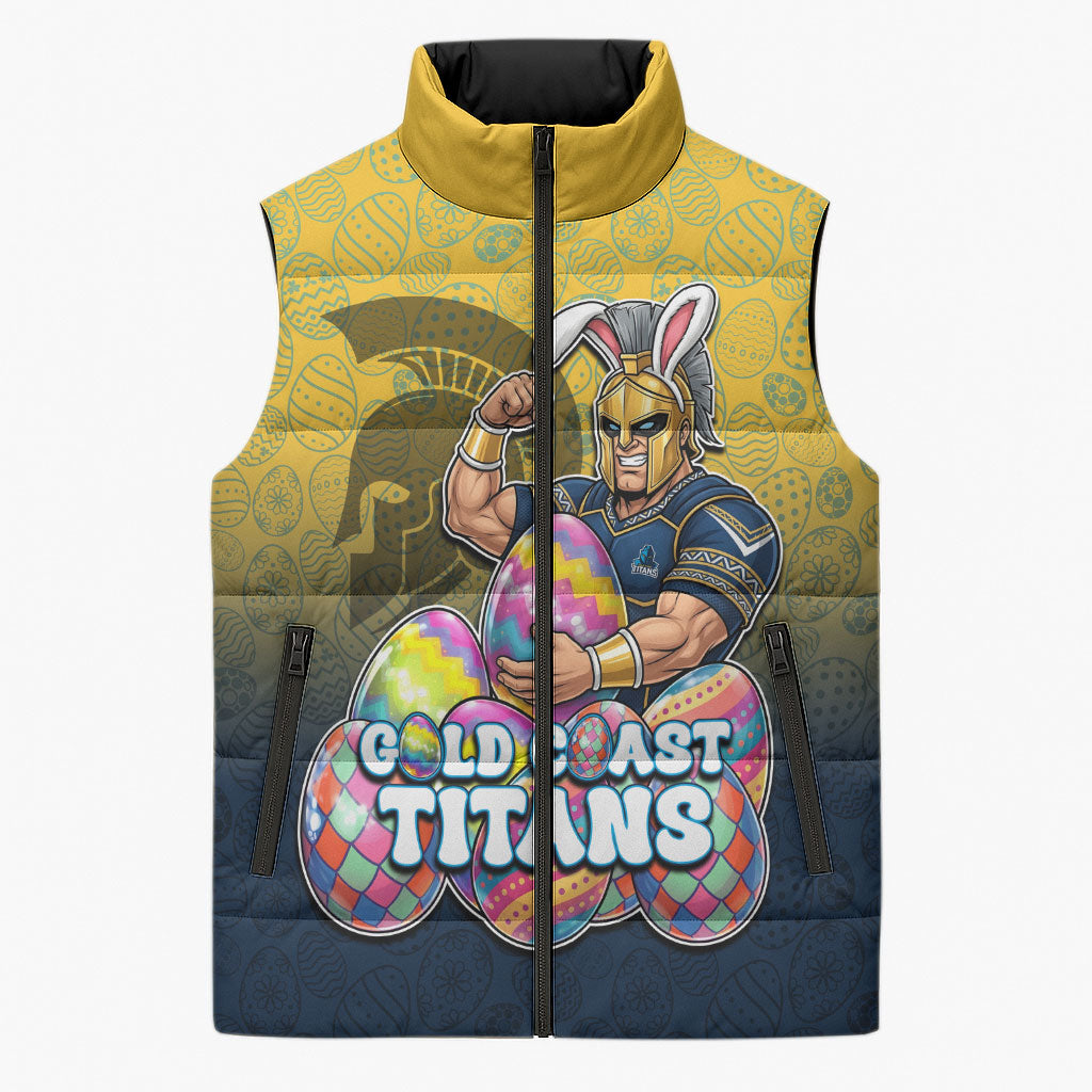 Personalized Gold Coast Titans Sleeveless Puffer Jacket Easter Mascot - Colorful Eggs Cartoon Style