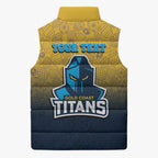 Personalized Gold Coast Titans Sleeveless Puffer Jacket Easter Mascot - Colorful Eggs Cartoon Style