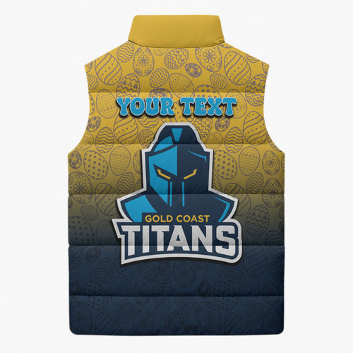 Personalized Gold Coast Titans Sleeveless Puffer Jacket Easter Mascot - Colorful Eggs Cartoon Style