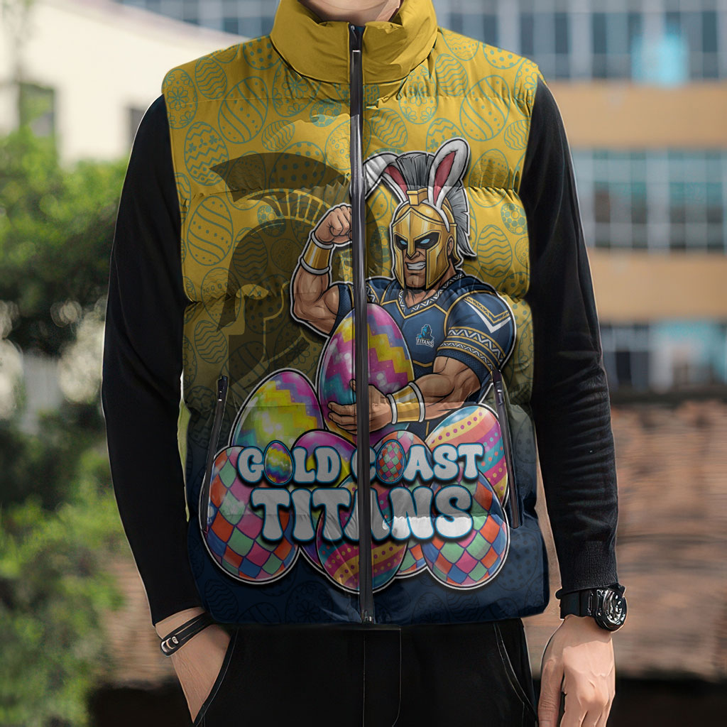 Personalized Gold Coast Titans Sleeveless Puffer Jacket Easter Mascot - Colorful Eggs Cartoon Style