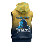 Personalized Gold Coast Titans Sleeveless Zip Hoodie Easter Mascot - Colorful Eggs Cartoon Style