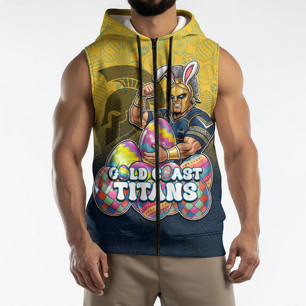 Personalized Gold Coast Titans Sleeveless Zip Hoodie Easter Mascot - Colorful Eggs Cartoon Style