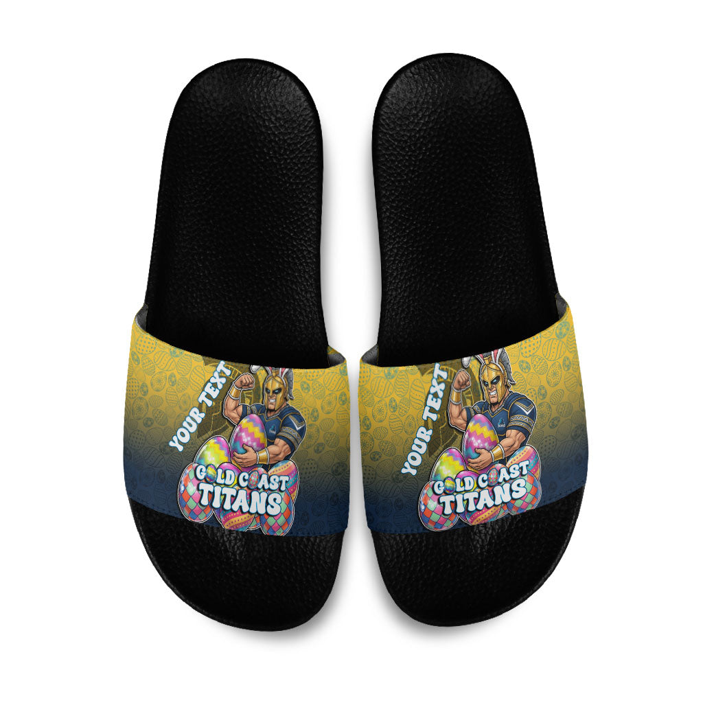 Personalized Gold Coast Titans Slide Sandals Easter Mascot - Colorful Eggs Cartoon Style