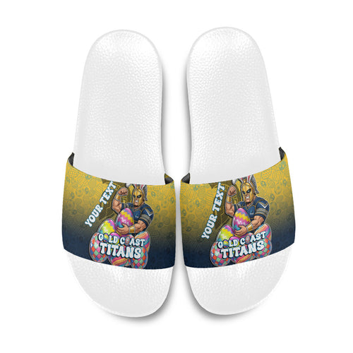 Personalized Gold Coast Titans Slide Sandals Easter Mascot - Colorful Eggs Cartoon Style