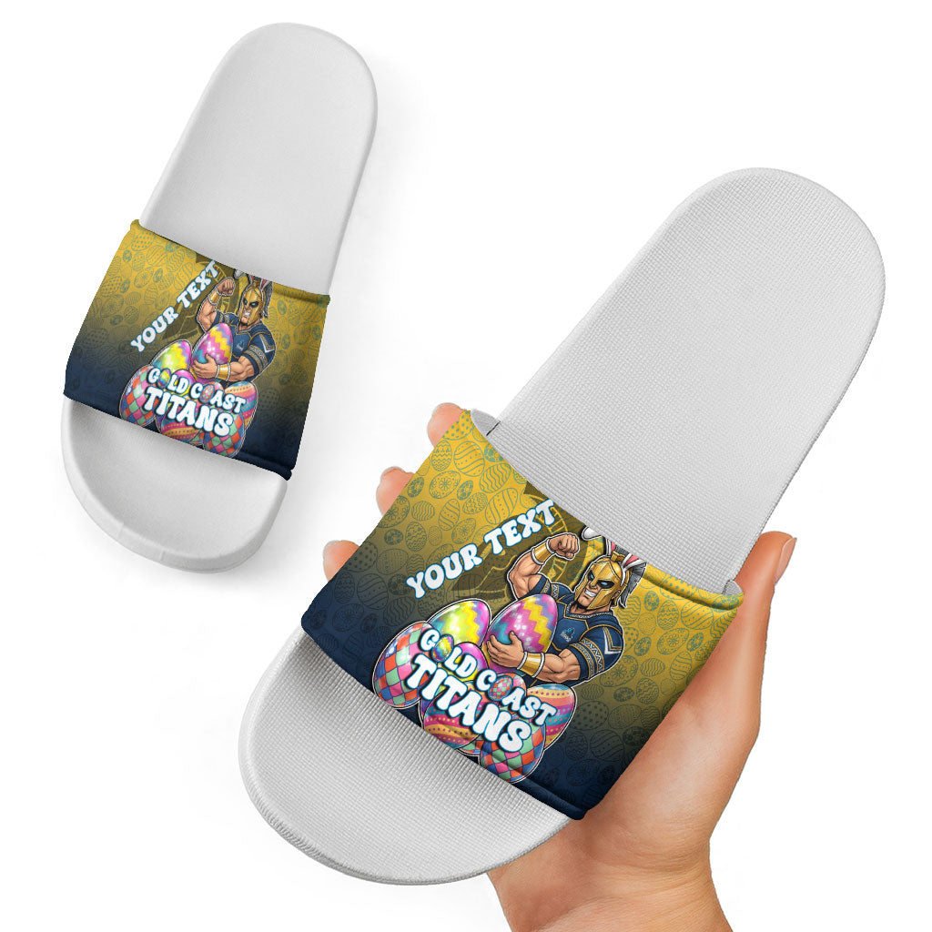 Personalized Gold Coast Titans Slide Sandals Easter Mascot - Colorful Eggs Cartoon Style