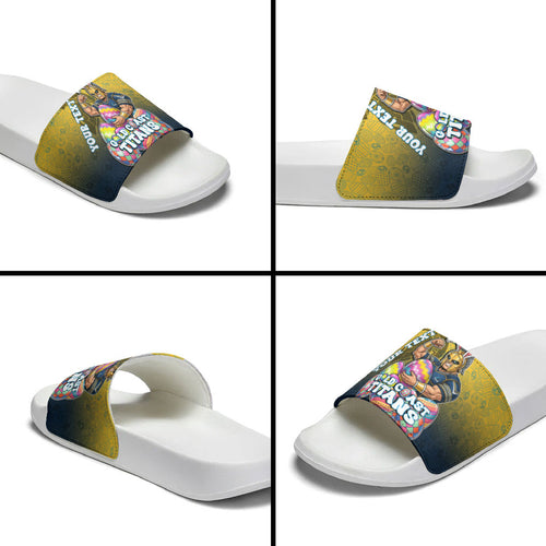 Personalized Gold Coast Titans Slide Sandals Easter Mascot - Colorful Eggs Cartoon Style